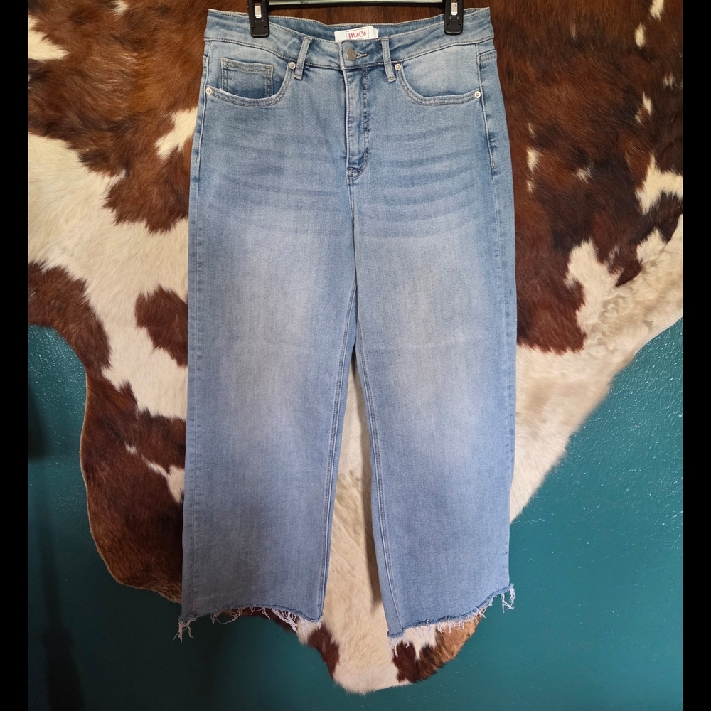 Blue Flare Wide Leg Jeans with Frayed Hem